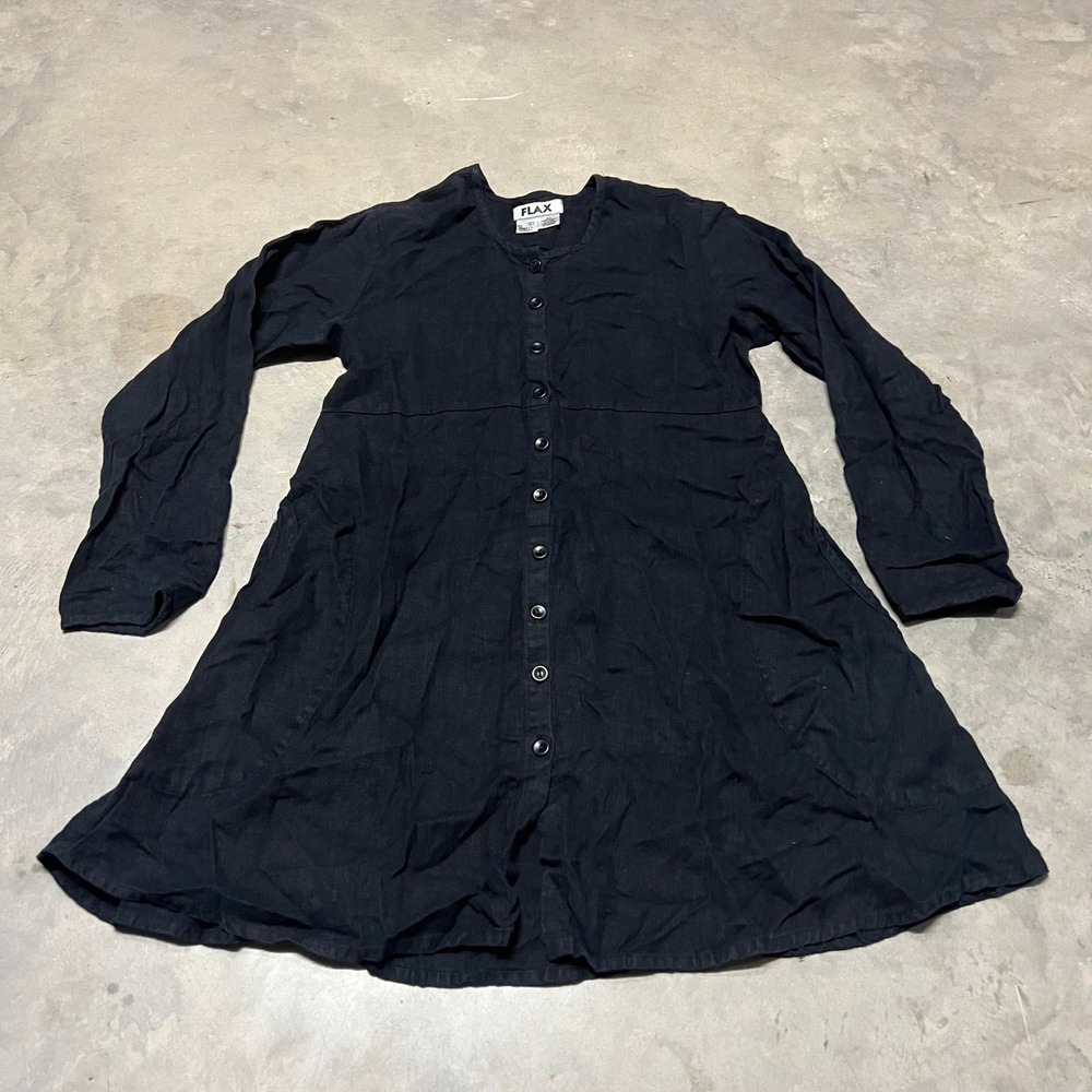 FLAX Women Black 100% Linen Button Front Long Sleeve Tunic Pocket Dress Small